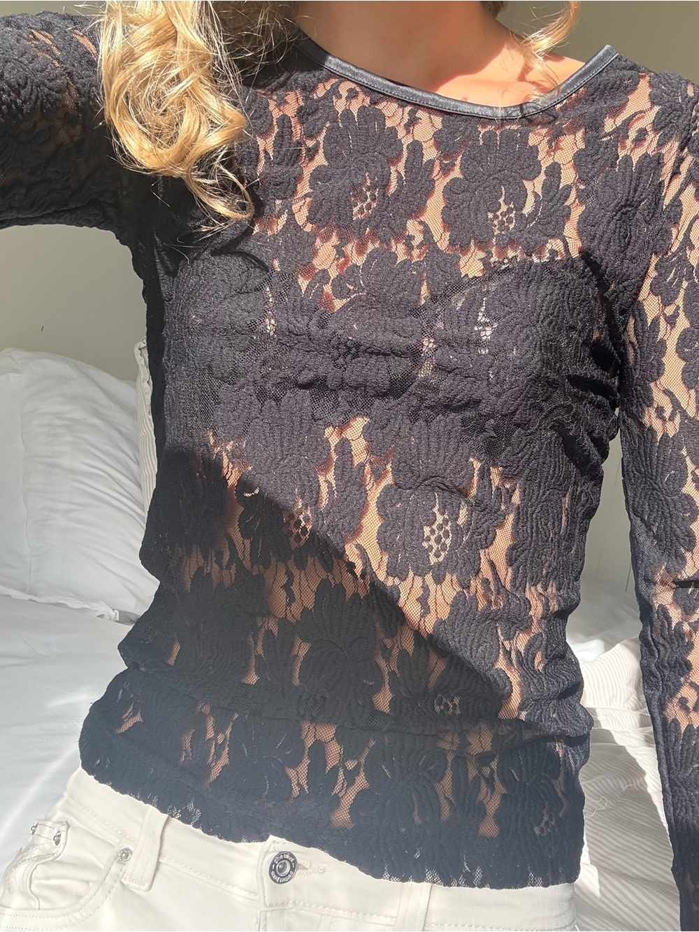 vintage 90's y2k Black Lace Long-Sleeve Sheer Top